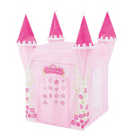 Ein rosa Tipi für Kinder in Form eines Prinzessinnenschlosses. Es hat vier Türme und eine Vorhangtür an der Vorderseite.