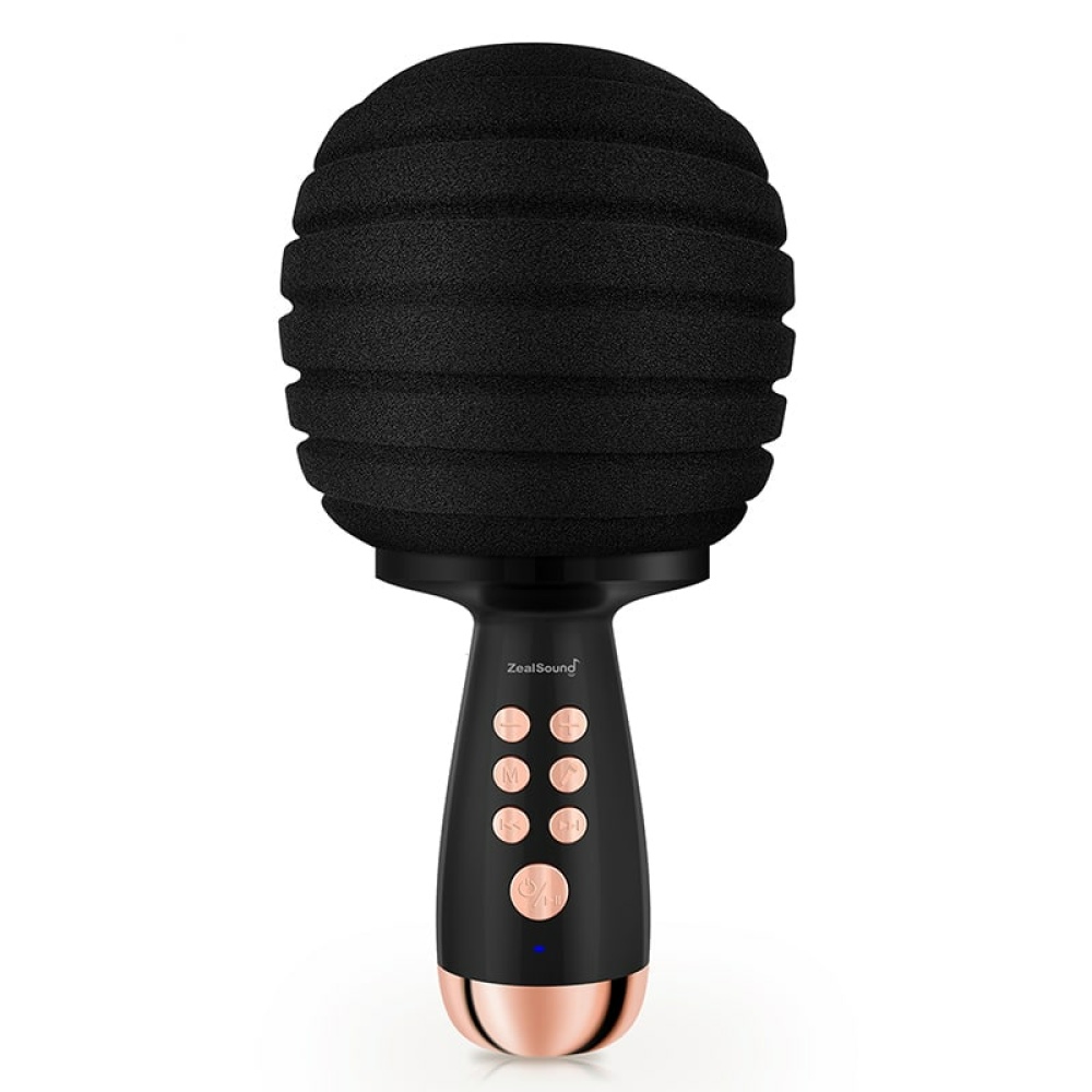 Ein schwarzes Karaoke-Mikrofon für Kinder mit rosafarbenen Tasten, die in den Griff integriert sind, und einem Batteriefach an der Unterseite.