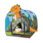 Ein farbenfrohes Tipi für Kinder mit einer Dinosaurierzeichnung auf der Vorderseite und einem Naturdekor auf der Seite. Auf der Vorderseite hat es eine Vorhangtür mit Dinosaurier-Eiern.