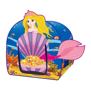 Tipi für Mädchen in Form eines Schlosses, es ist blau und rosa und hat eine Meerjungfrau als Aufdruck. Auf der Tür sind Unterwasserschätze abgebildet.