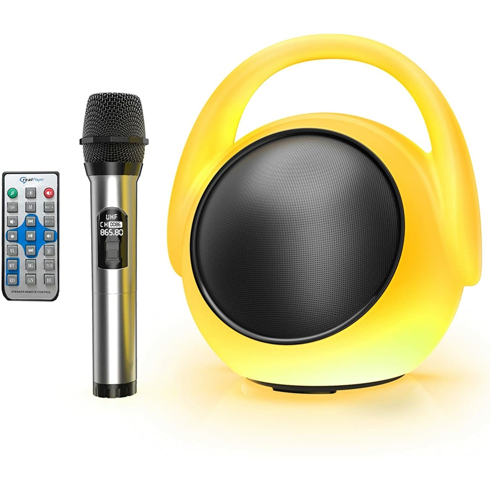 Ein Karaoke-Mikrofon für Kinder mit einem gelb-schwarzen Lautsprecher und einer grauen kabellosen Fernbedienung.
