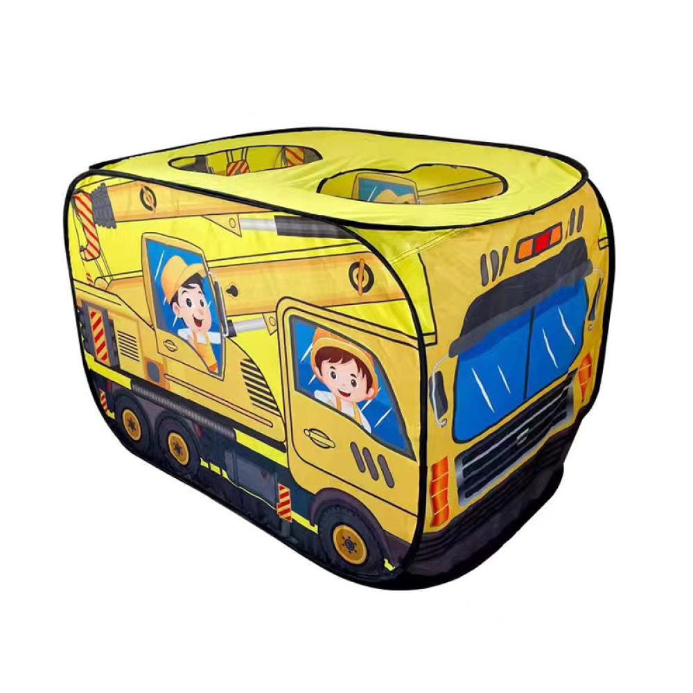 Ein gelbes Tipi für Kinder in Form eines Bauwagens. Es hat zwei Öffnungen an der Oberseite und ist vollständig mit einem gelben Bauwagen bemalt.