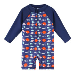 badeanzug für kleine Jungen, einteilig im Jumpsuit-Stil, blau mit kleinen Fischen
