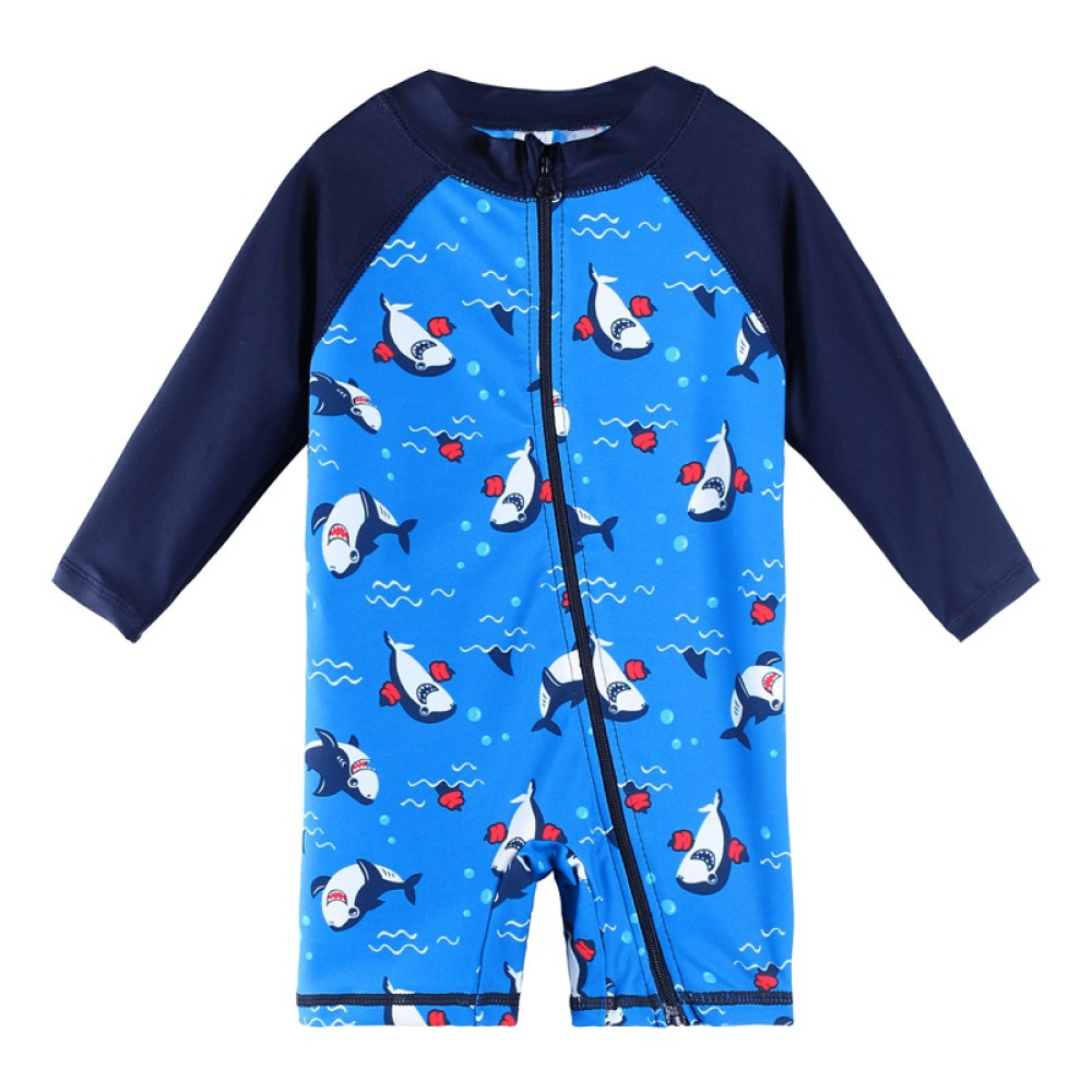 Badeanzug, Jungen, blauer Overall mit kleinen Haien auf weißem Grund