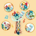 bilder des Montessori-Spiels Blau für Zähne in Blasen, auf orangefarbenem Hintergrund