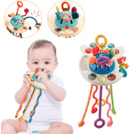 foto eines Babys, das an dem Montessori-Spielzeug knabbert, mit Produktbildern in Sprechblasen