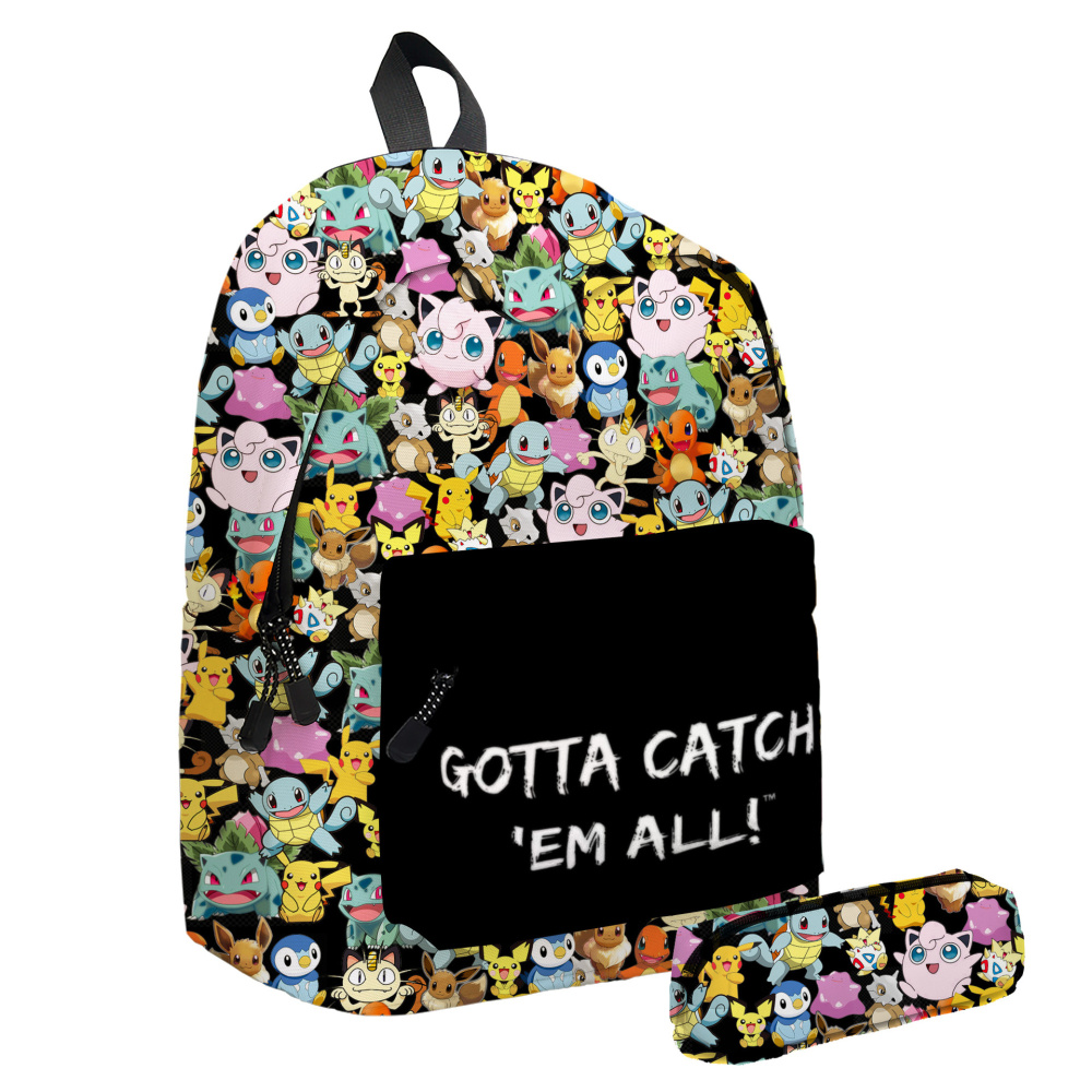 Pokémon Rucksack und passendes Etui mit mehreren Pokémon-Motiven auf weißem Hintergrund