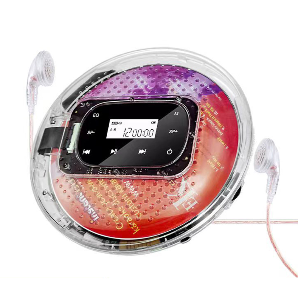 Transparenter CD-Spieler mit einer roten und violetten CD im Inneren und Kopfhörern