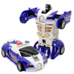 Transformers-Spielzeug Blaues Polizeiauto mit dem Roboter auf dem Rücksitz