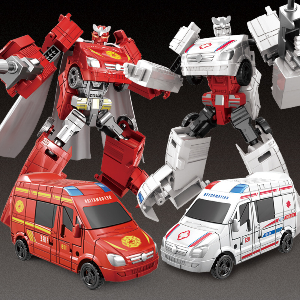 2 rot-weiße Spielzeuge Rettungswagen und Roboter Seite an Seite