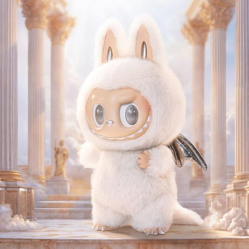 Weiße Labubu-Plüschfigur mit Hasenohren, silbernen Drachenflügeln und glänzenden runden Augen, stehend vor einem himmelblauen Hintergrund.