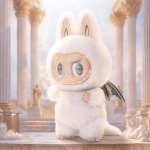 Weiße Labubu-Plüschfigur mit Hasenohren, silbernen Drachenflügeln und glänzenden runden Augen, stehend vor einem himmelblauen Hintergrund.