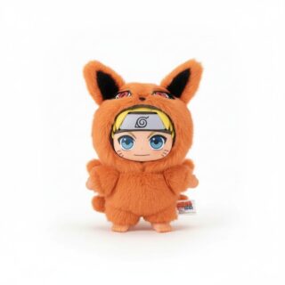 Kuscheltier Naruto Stil Labubu Kawaii mit Naruto Uzumaki in einem orangen Fuchskostüm auf weißem Hintergrund