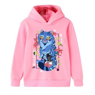 Kpop Demon Hunters Derpy der blaue Tiger rosa Hoodie. Das Motiv des blauen Tigers befindet sich vorne umgeben von einem Blumenrahmen. Auf weißem Hintergrund.