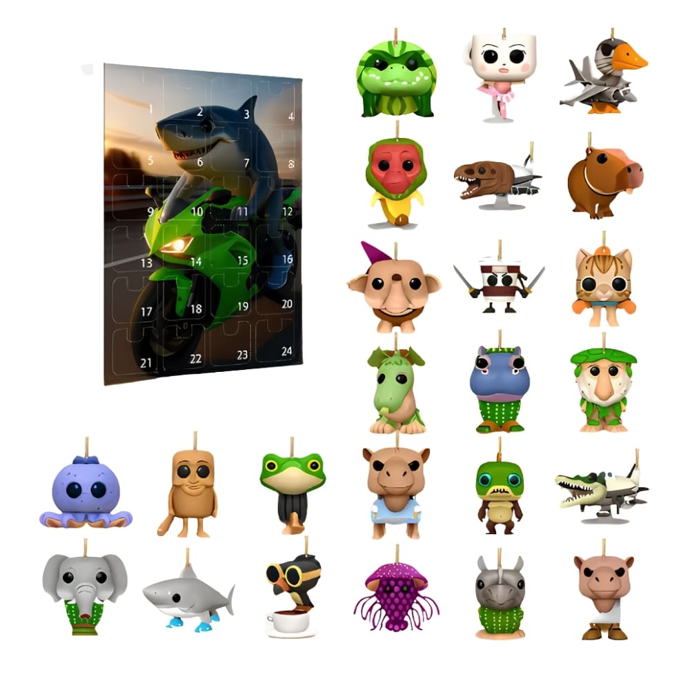 Adventskalender Italian Brainrot mit der Hai-Figur auf einem grünen Motorrad. 24 Figuren auf dem Rest des Bildes auf weißem Hintergrund.