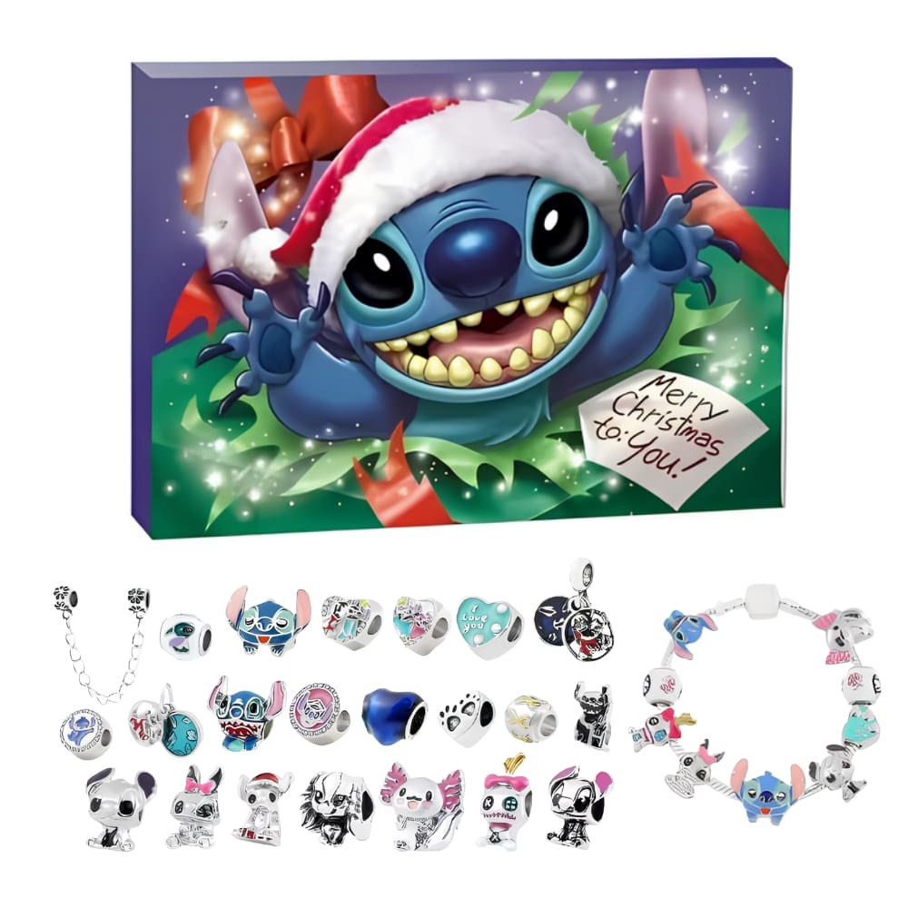 IMG_10_2025_calendrier_de_l_avent_stitch_bracelet_et_charms_2.jpg Adventskalender Stitch Armband und Anhänger aus Metall. Die Schachtel befindet sich oben und die Accessoires darunter. Auf weißem Hintergrund.