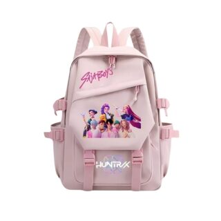 Rucksack K-pop Demon Hunters für die Grundschule in rosa Farbe mit mehreren Verstellriemen. Die Helden des Anime auf der Vorderseite gedruckt. Auf weißem Hintergrund.