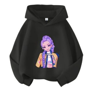 Kinder-Sweatshirt mit Kapuze K-pop Demon Hunters Motiv Rumi in schwarzer Farbe mit dem Motiv auf der Vorderseite. Auf weißem Hintergrund.