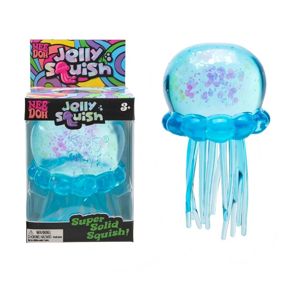 Boite packaging Needoh transparente avec à l'intérieur un squishy bleu méduse. On voit ce squishy méduse bleu à côté de la boite en entier. Il a la forme d'une méduse.